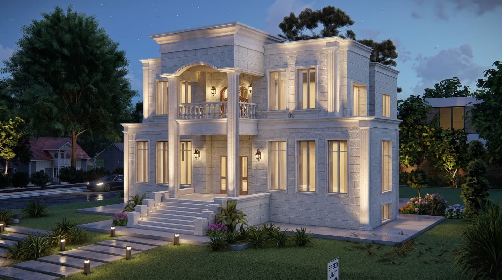 إظهار ثلاثي الأبعاد لفيلا نيوكلاسيك بواجهة حجرية فاتحة وأعمدة عند المدخل، تصميم فلل في الأردن