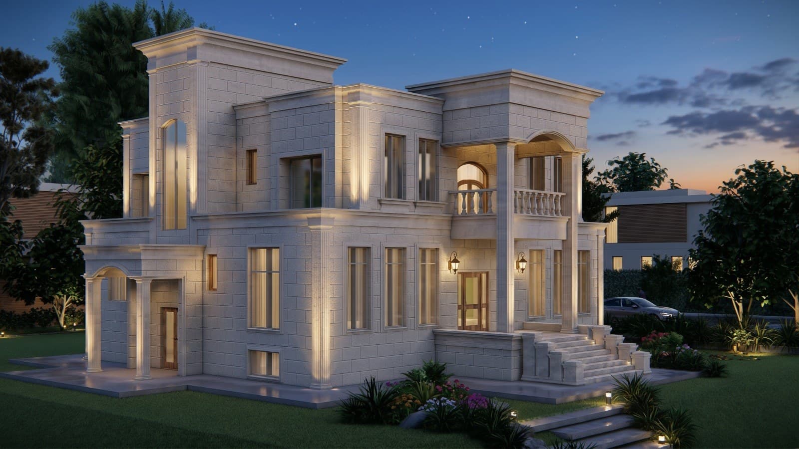 الواجهة الجانبية للفيلا النيوكلاسيكية مع المدخل الجانبي والشرفة العلوية