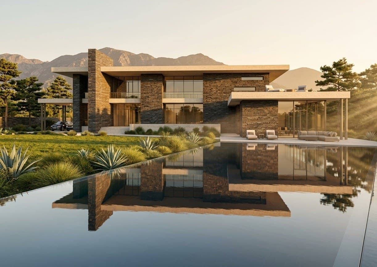 إظهار ثلاثي الأبعاد لفيلا حجرية عصرية من تصميم م. مهند الشريف، مهندس معماري في عمان