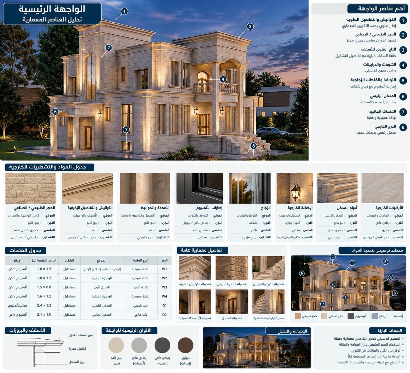 لوحة تحليل الواجهة الكلاسيكية: الكرانيش، الأعمدة، الدرابزين، جدول المواد وجدول الفتحات